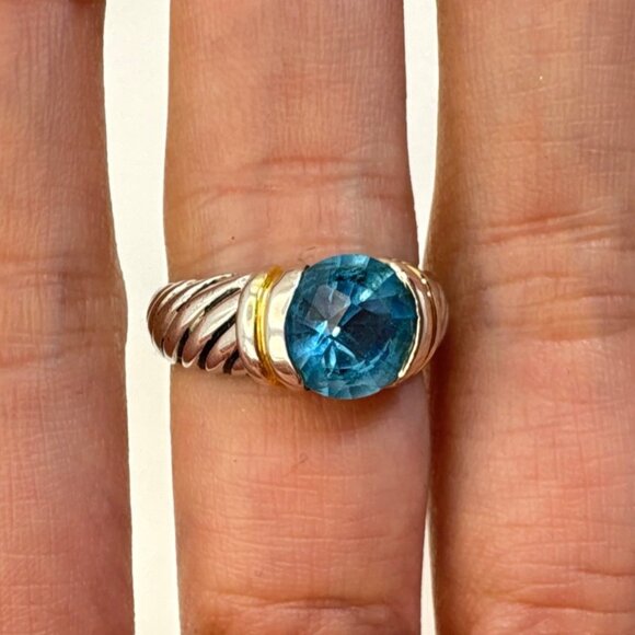 Silver Plated Two Tone Blue Crystal Cable Design Statement Ring Size 8 - Picture 4 of 11